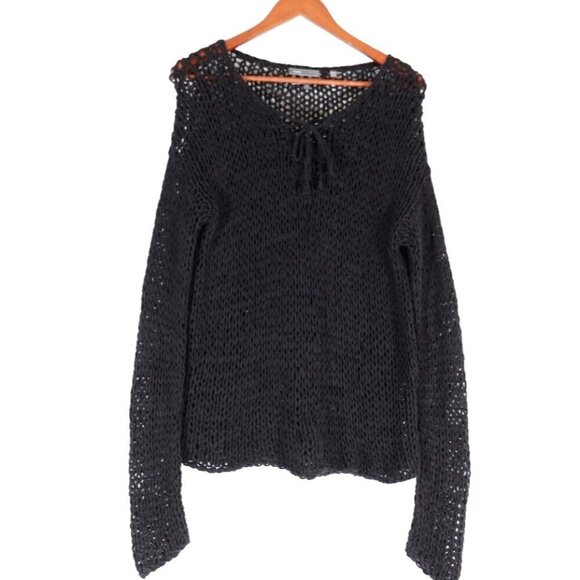VINCE Women's Small Black Crochet Sweater Knit Knitted by Hand Lace Up Pullover - Picture 4 of 5